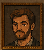 The gold-framed pixel portrait of Quentin shown in the studio