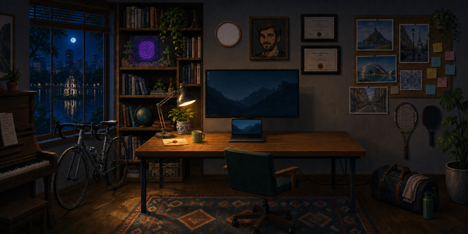 A warm pixel-painted panoramic studio filled with objects from Quentin’s life